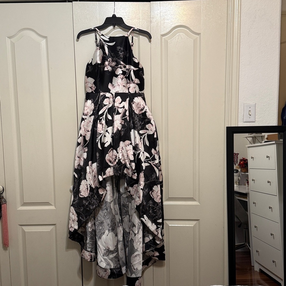 Girls' Black Floral High-Low Dress with Pink Accents